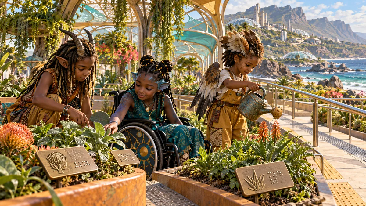 Workshop concept: three chimera children with distinct bodies tend plants together in a coastal greenhouse garden. One child uses a wheelchair and explores a raised tactile plant marker while two friends tend seedlings nearby.